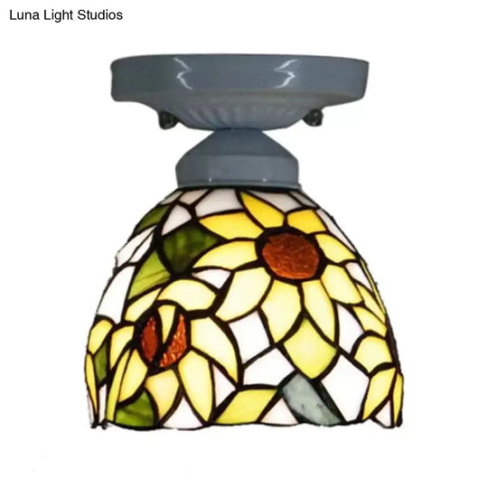 Tiffany Stained Glass Sunflower Ceiling Light For Bedroom - 9 High X 8 Diameter