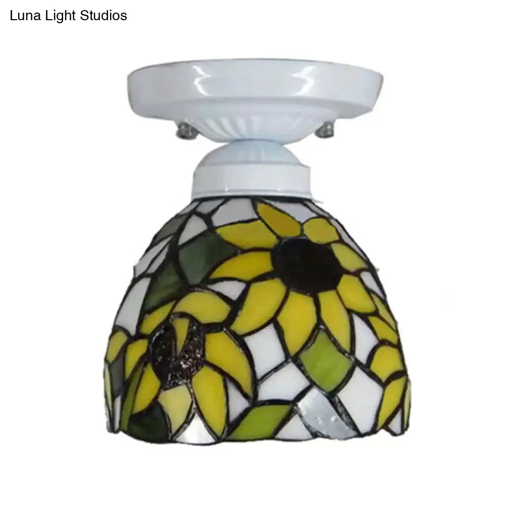 Tiffany Stained Glass Sunflower Ceiling Light For Bedroom - 9 High X 8 Diameter