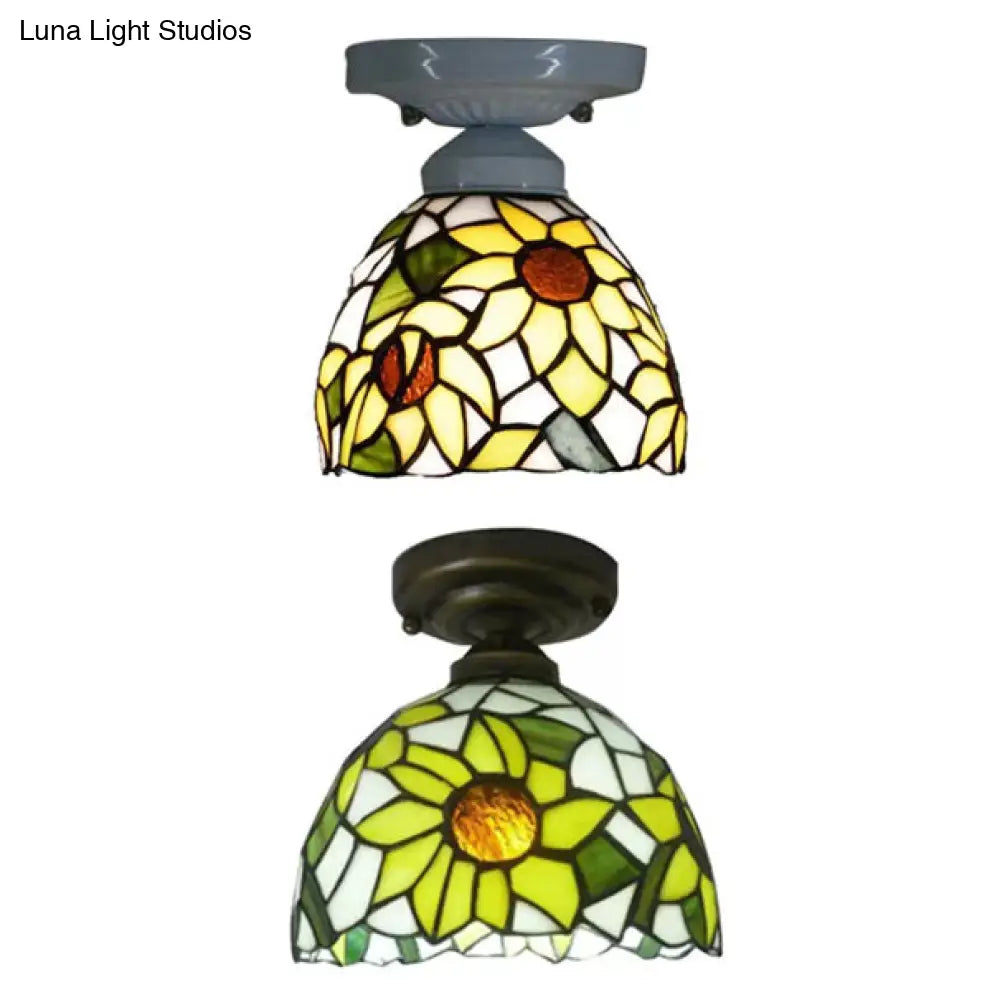 Tiffany Stained Glass Sunflower Ceiling Light For Bedroom - 9 High X 8 Diameter