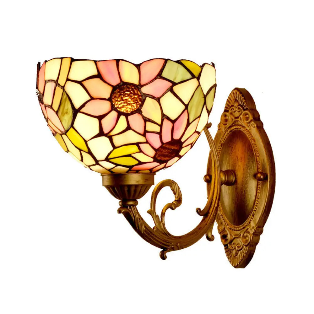 Tiffany Stained Glass Sunflower Wall Light With Gold Mount And Bowl Shade