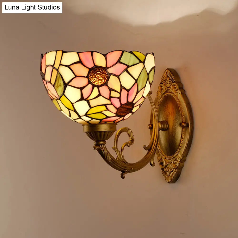 Tiffany Stained Glass Sunflower Wall Light With Gold Mount And Bowl Shade