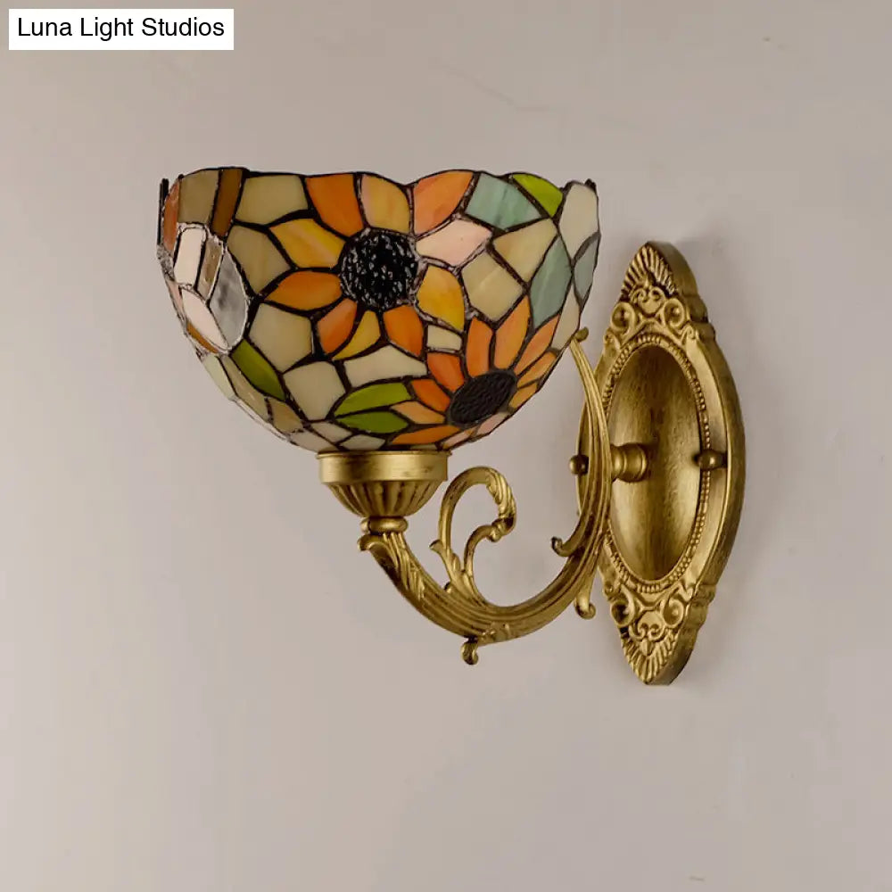 Tiffany Stained Glass Sunflower Wall Light With Gold Mount And Bowl Shade