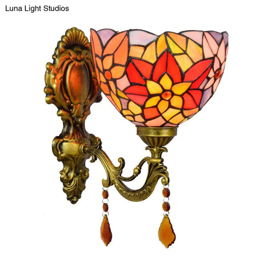 Tiffany Stained Glass Wall Lamp - Leaf-Pattern Bowl Design 1 Head Orange/Purple/Red Mounted Fixture