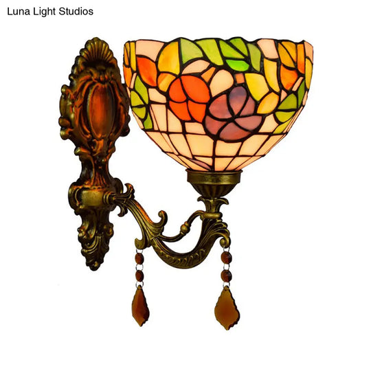 Tiffany Stained Glass Wall Lamp - Leaf-Pattern Bowl Design 1 Head Orange/Purple/Red Mounted Fixture