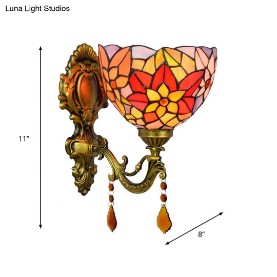 Tiffany Stained Glass Wall Lamp - Leaf-Pattern Bowl Design 1 Head Orange/Purple/Red Mounted Fixture