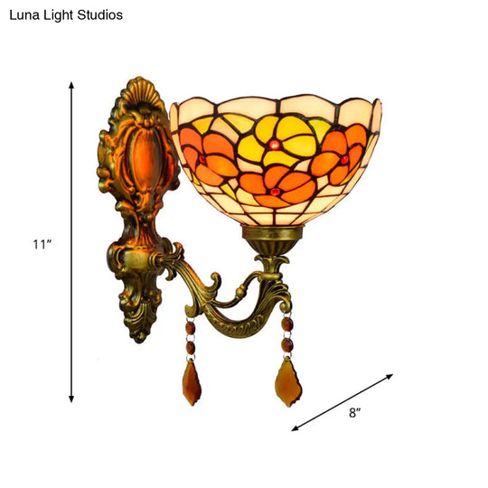 Tiffany Stained Glass Wall Lamp - Leaf-Pattern Bowl Design 1 Head Orange/Purple/Red Mounted Fixture