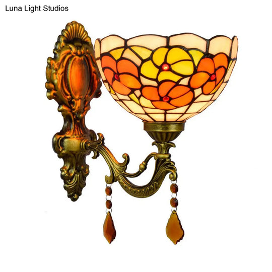 Tiffany Stained Glass Wall Lamp - Leaf-Pattern Bowl Design 1 Head Orange/Purple/Red Mounted Fixture