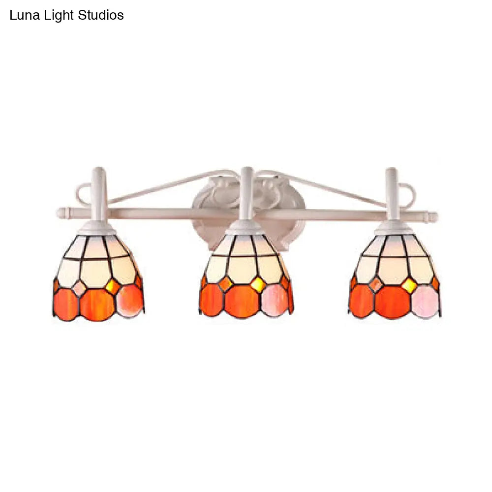 Tiffany Stained Glass Wall Mount Light: 3-Light Dome Vanity Fixture In Orange/Blue - Ideal For