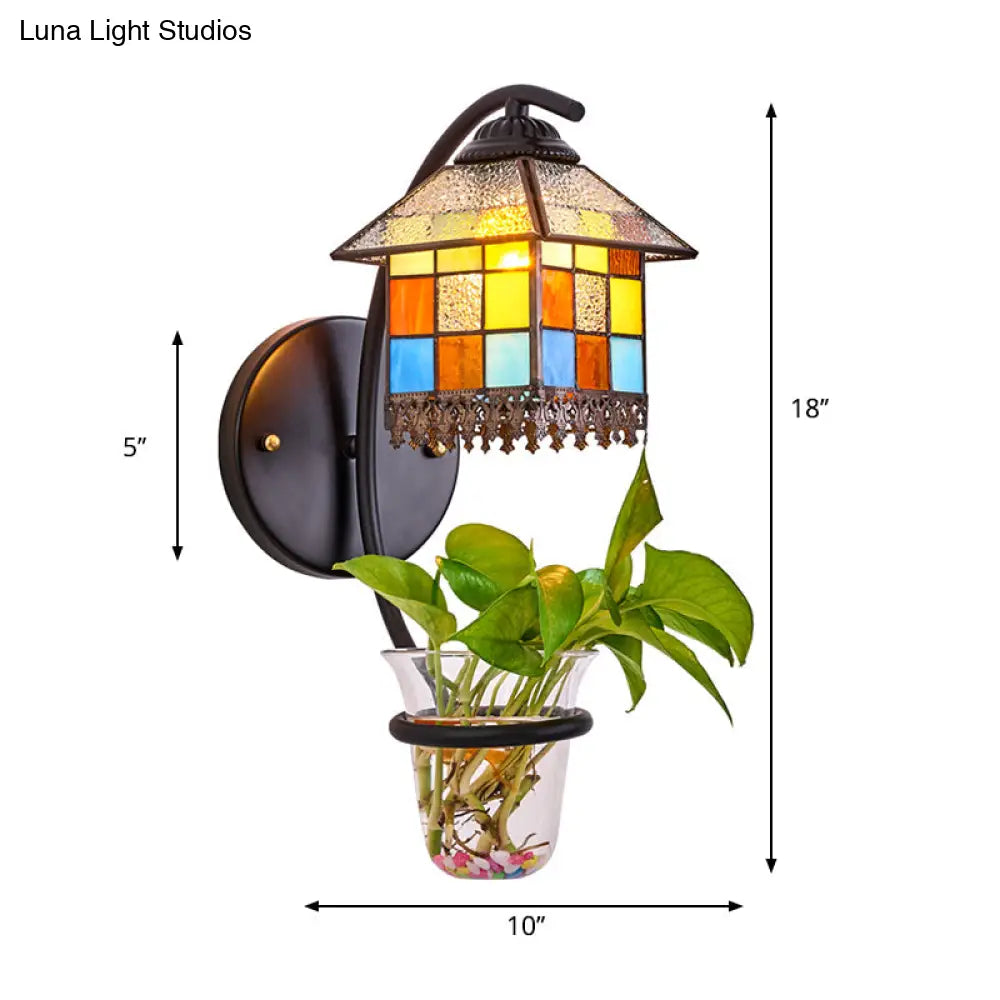 Tiffany Stained Glass Wall Mount Sconce Light With Plant Decoration - Clear/Beige