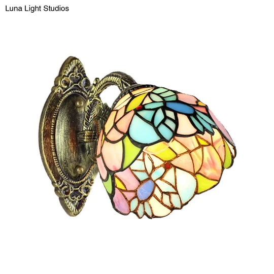 Tiffany Stained Glass Wall Sconce With Curved Brass Arm & One Light