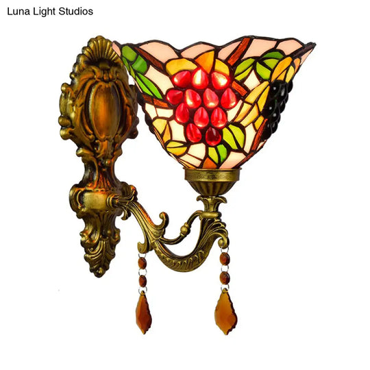 Tiffany Stained Glass Wall Sconce With Grapes Pattern - Single Bulb Brass Mount Light