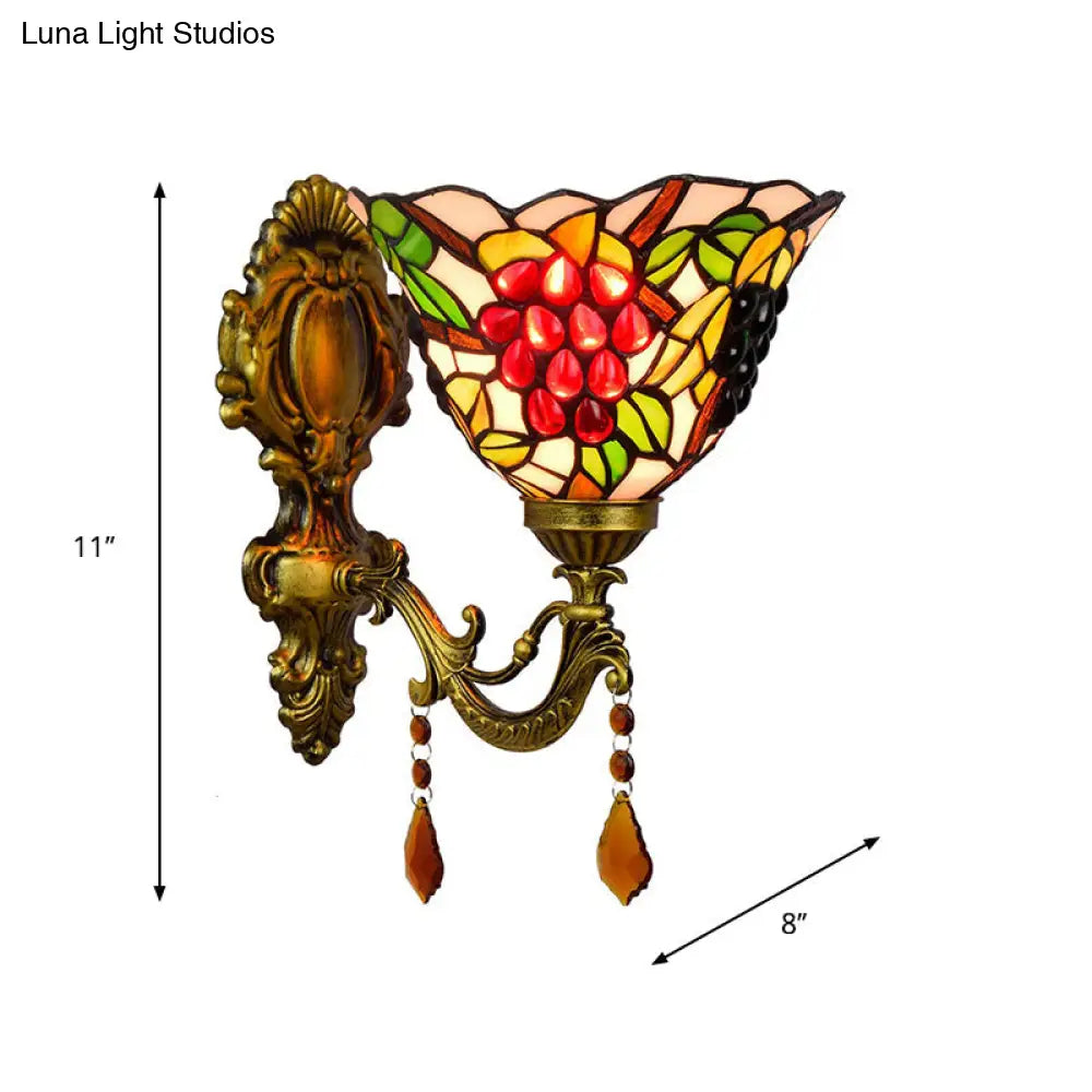 Tiffany Stained Glass Wall Sconce With Grapes Pattern - Single Bulb Brass Mount Light