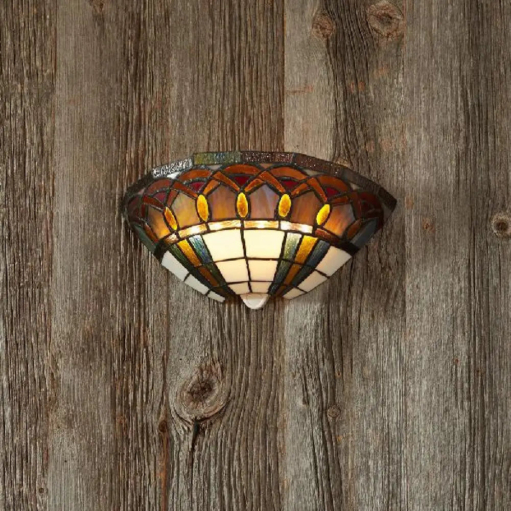 Tiffany Stained Glass Wall Sconce With Jewelry Accents - Bowl Mount 1 Light White-Brown