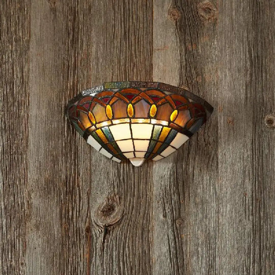 Tiffany Stained Glass Wall Sconce With Jewelry Accents - Bowl Mount 1 Light White-Brown