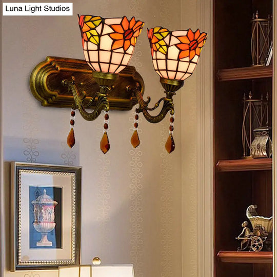 Tiffany Stained Glass Wall Sconce With Pink/Brown/Orange Crystal Accents - 2-Light Bowl Lighting