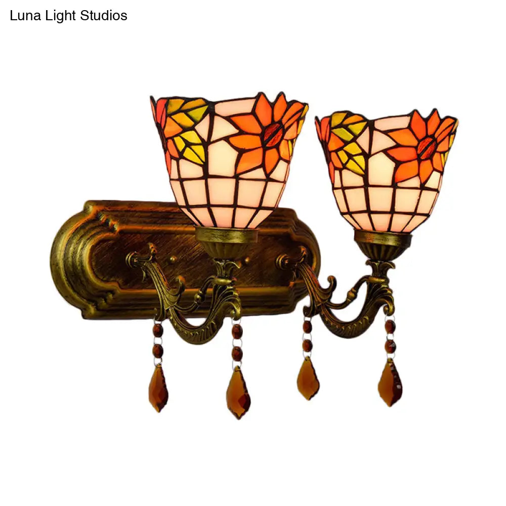 Tiffany Stained Glass Wall Sconce With Pink/Brown/Orange Crystal Accents - 2-Light Bowl Lighting