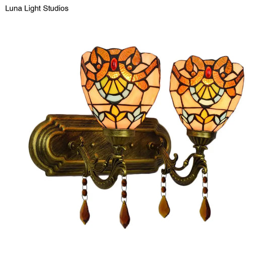 Tiffany Stained Glass Wall Sconce With Pink/Brown/Orange Crystal Accents - 2-Light Bowl Lighting