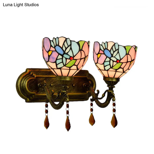 Tiffany Stained Glass Wall Sconce With Pink/Brown/Orange Crystal Accents - 2-Light Bowl Lighting