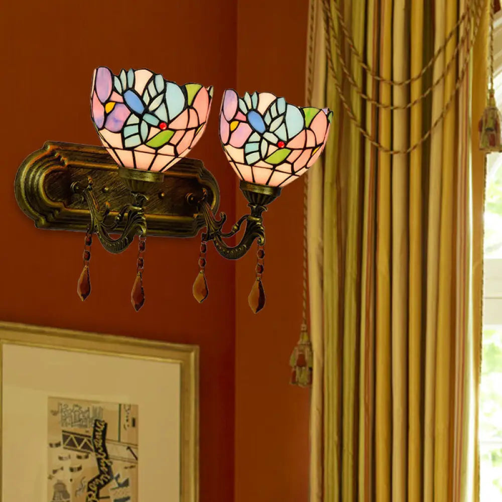 Tiffany Stained Glass Wall Sconce With Pink/Brown/Orange Crystal Accents - 2-Light Bowl Lighting