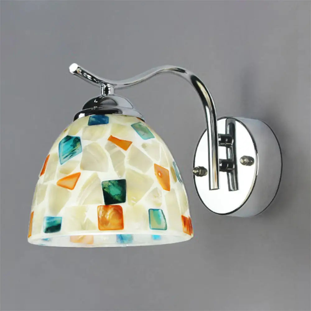 Tiffany Stained Shell Bowl Wall Light Fixture - 1 Head Chrome Sconce With Curved Arm