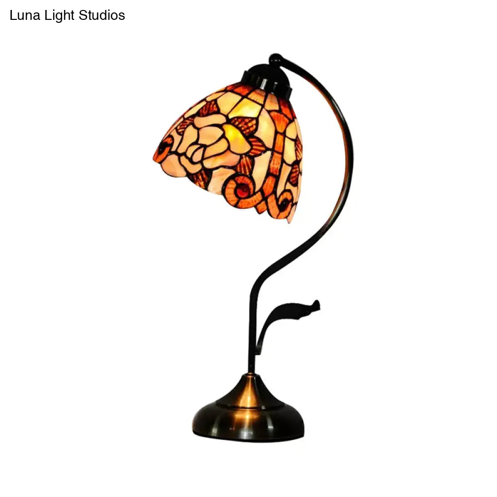 Tiffany Style 1-Light Beige Shell Table Lamp With Leaf/Rose Pattern - Elegant Office Lighting