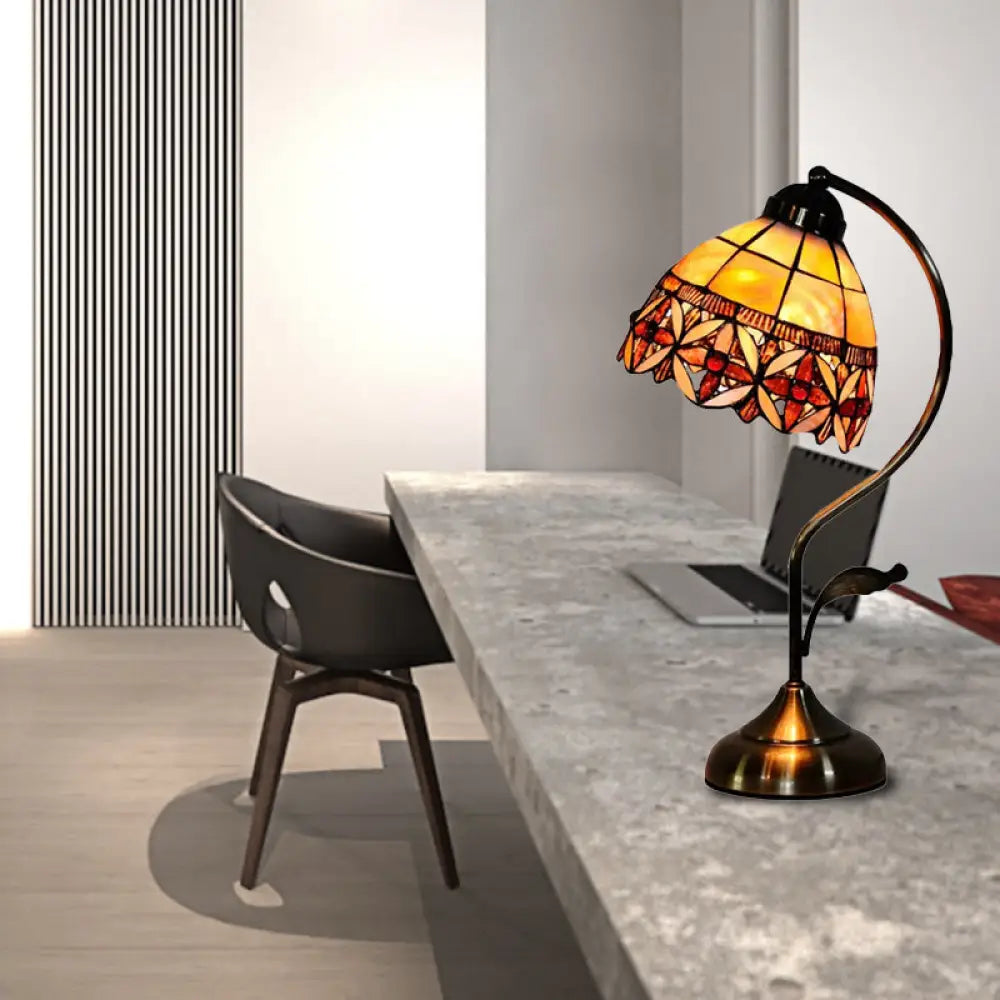 Tiffany Style 1-Light Beige Shell Table Lamp With Leaf/Rose Pattern - Elegant Office Lighting / Leaf