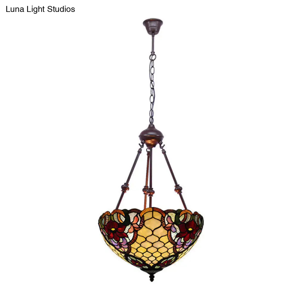 Tiffany Inspired 2-Light Flower Bush Chandelier Pendant Lamp In Red/Yellow/Purple Stained Glass