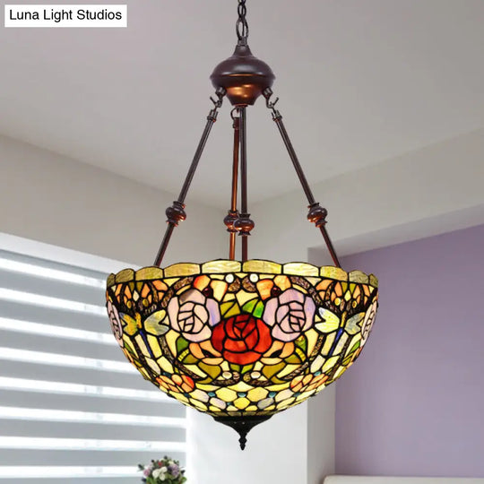 Tiffany Inspired 2-Light Flower Bush Chandelier Pendant Lamp In Red/Yellow/Purple Stained Glass