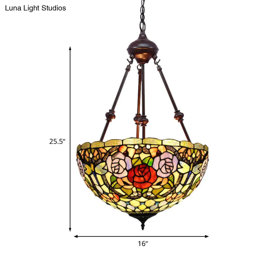 Tiffany Style 2-Light Flower Bush Chandelier Lamp With Stained Glass Pendant - Red/Yellow/Purple