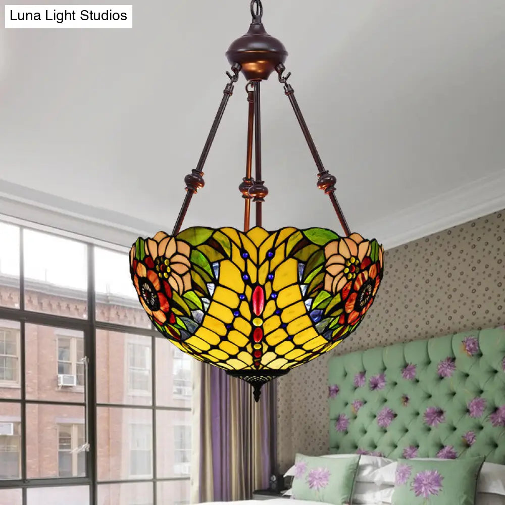 Tiffany Inspired 2-Light Flower Bush Chandelier Pendant Lamp In Red/Yellow/Purple Stained Glass