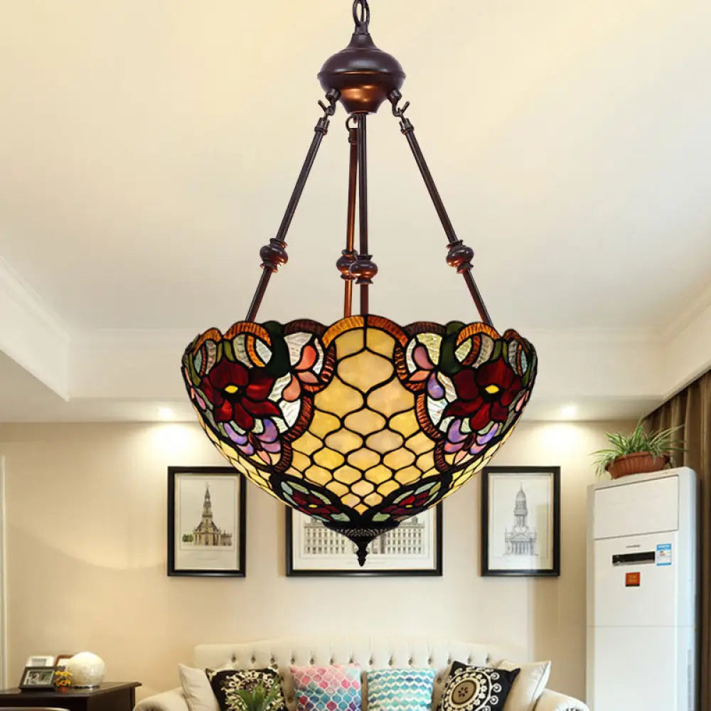 Tiffany Style 2-Light Flower Bush Chandelier Lamp With Stained Glass Pendant - Red/Yellow/Purple