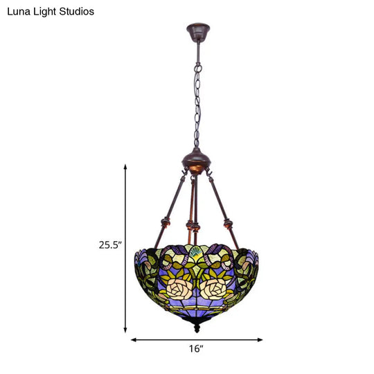 Tiffany Inspired 2-Light Flower Bush Chandelier Pendant Lamp In Red/Yellow/Purple Stained Glass