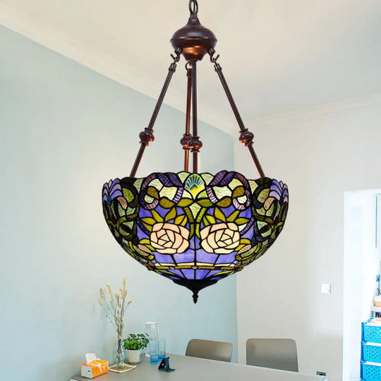 Tiffany Style 2-Light Flower Bush Chandelier Lamp With Stained Glass Pendant - Red/Yellow/Purple