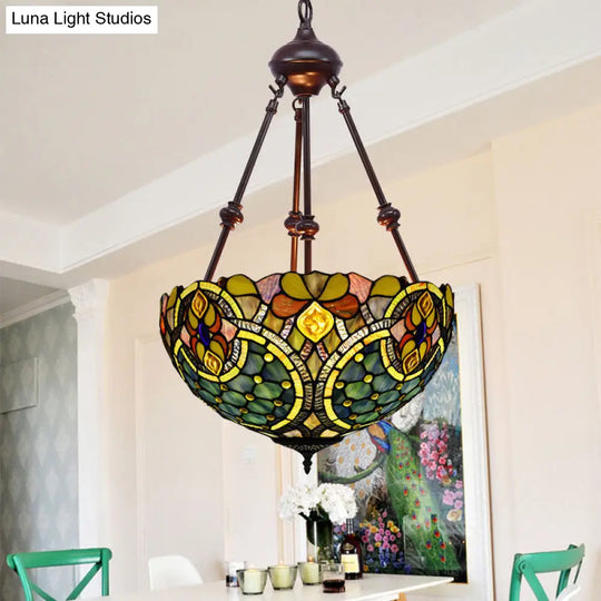 Tiffany Inspired 2-Light Flower Bush Chandelier Pendant Lamp In Red/Yellow/Purple Stained Glass