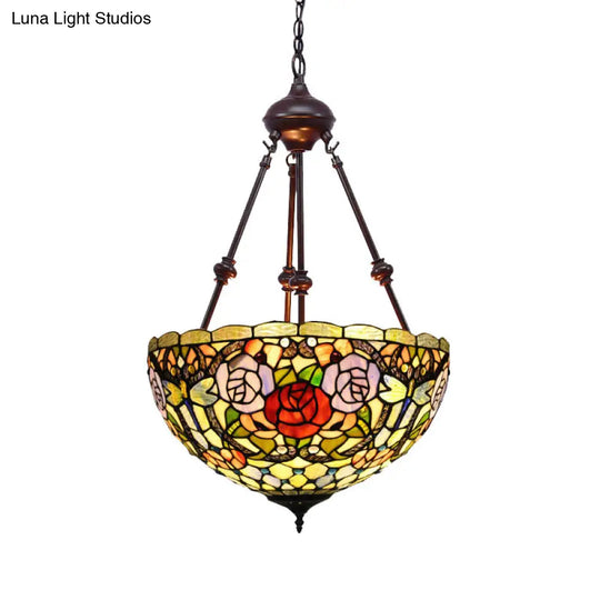 Tiffany Style 2-Light Flower Bush Chandelier Lamp With Stained Glass Pendant - Red/Yellow/Purple