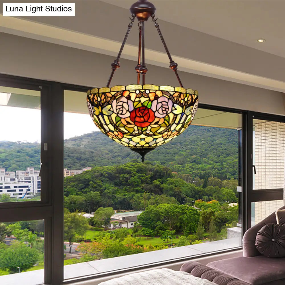 Tiffany Style 2-Light Flower Bush Chandelier Lamp With Stained Glass Pendant - Red/Yellow/Purple