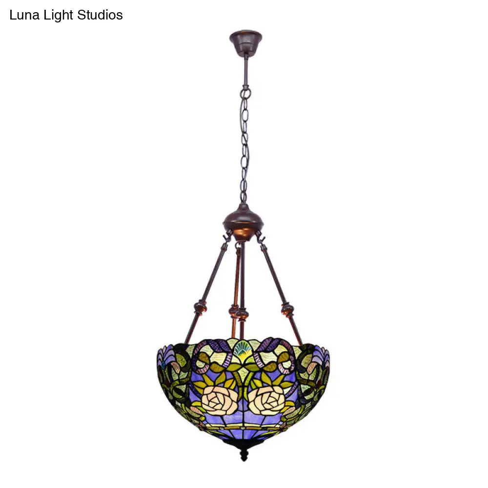 Tiffany Inspired 2-Light Flower Bush Chandelier Pendant Lamp In Red/Yellow/Purple Stained Glass