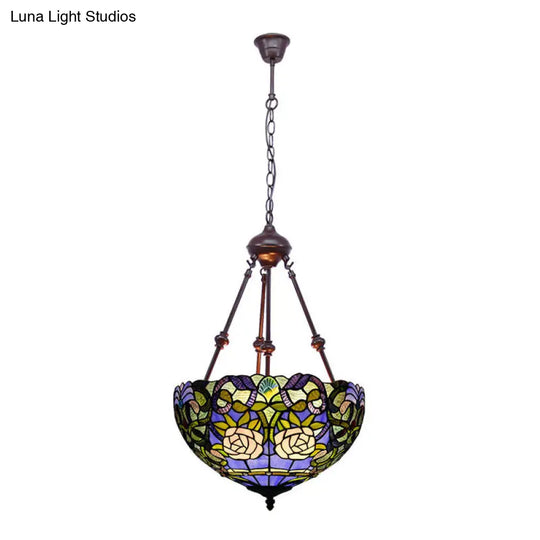 Tiffany Inspired 2-Light Flower Bush Chandelier Pendant Lamp In Red/Yellow/Purple Stained Glass