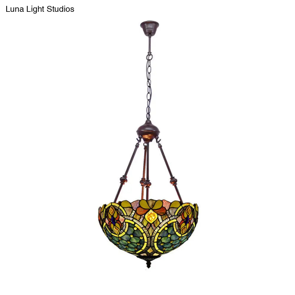 Tiffany Inspired 2-Light Flower Bush Chandelier Pendant Lamp In Red/Yellow/Purple Stained Glass