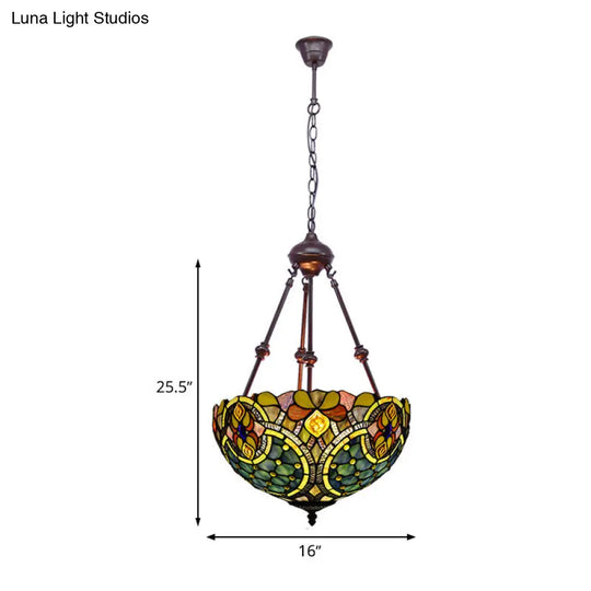 Tiffany Style 2-Light Flower Bush Chandelier Lamp With Stained Glass Pendant - Red/Yellow/Purple