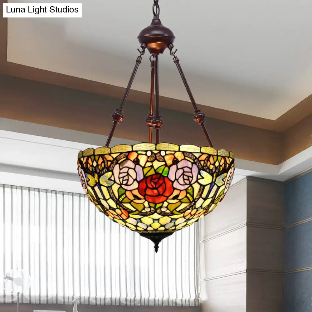 Tiffany Inspired 2-Light Flower Bush Chandelier Pendant Lamp In Red/Yellow/Purple Stained Glass Red