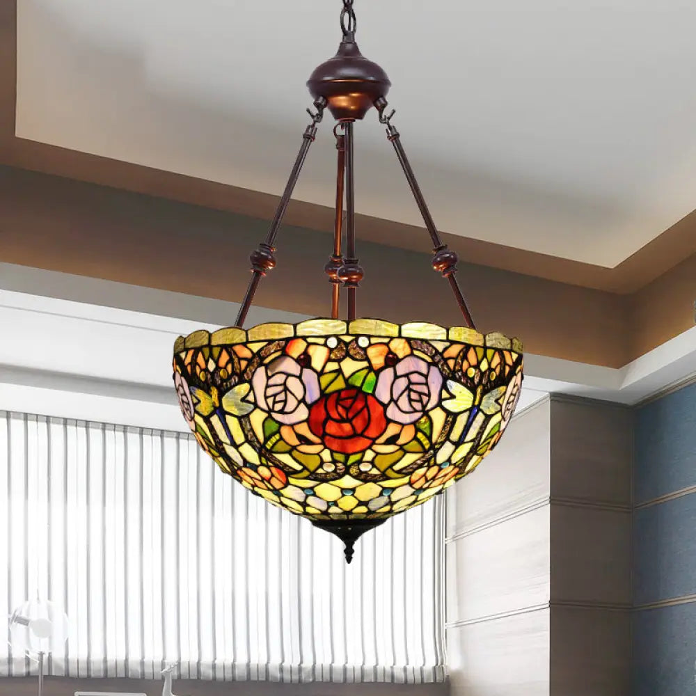 Tiffany Style 2-Light Flower Bush Chandelier Lamp With Stained Glass Pendant - Red/Yellow/Purple Red