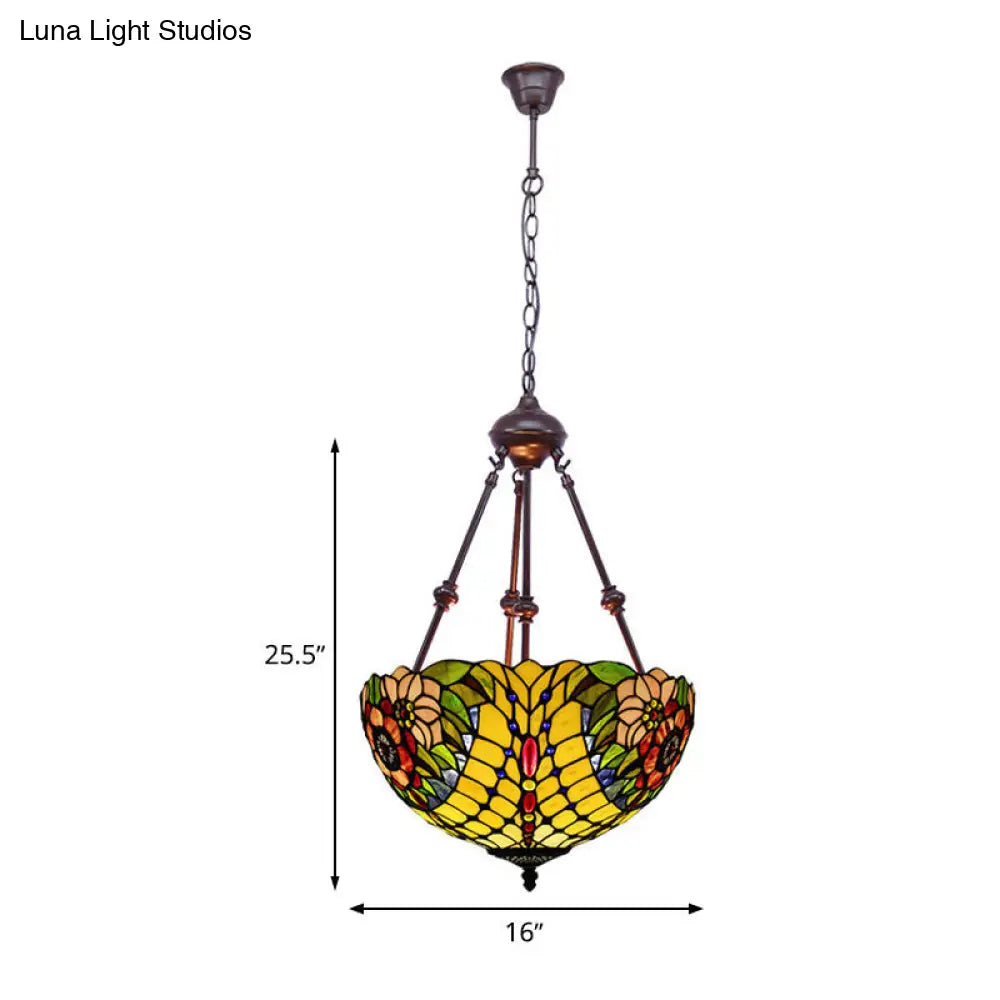 Tiffany Inspired 2-Light Flower Bush Chandelier Pendant Lamp In Red/Yellow/Purple Stained Glass