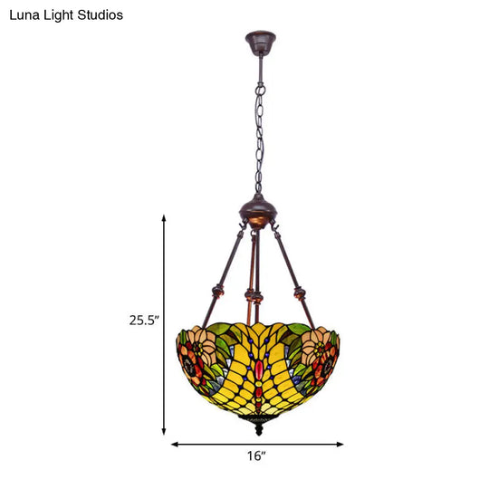 Tiffany Inspired 2-Light Flower Bush Chandelier Pendant Lamp In Red/Yellow/Purple Stained Glass