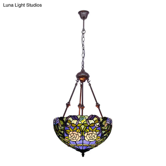 Tiffany Style 2-Light Flower Bush Chandelier Lamp With Stained Glass Pendant - Red/Yellow/Purple