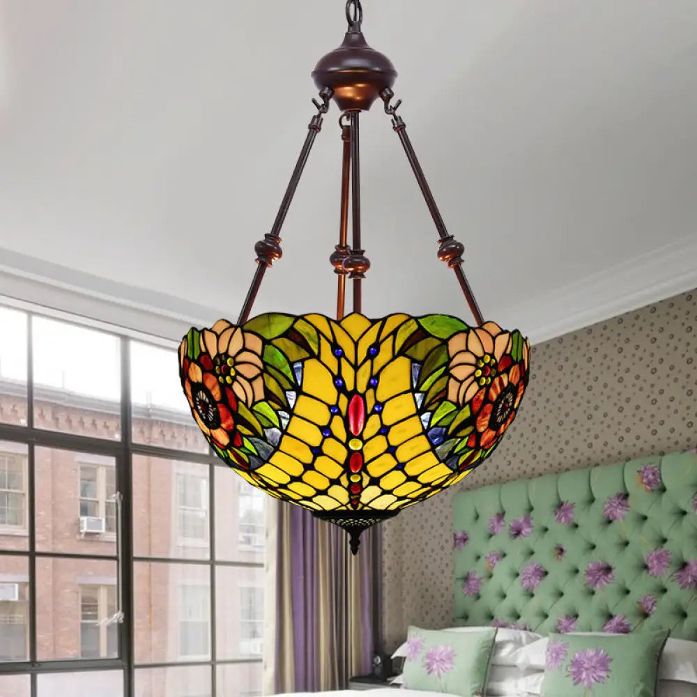 Tiffany Style 2-Light Flower Bush Chandelier Lamp With Stained Glass Pendant - Red/Yellow/Purple