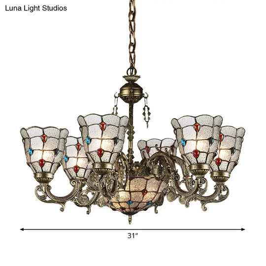 Tiffany Style Arm Chandelier With Frosted Glass Shades - 9/12 Lights Bronze Pendant Lamp For Living