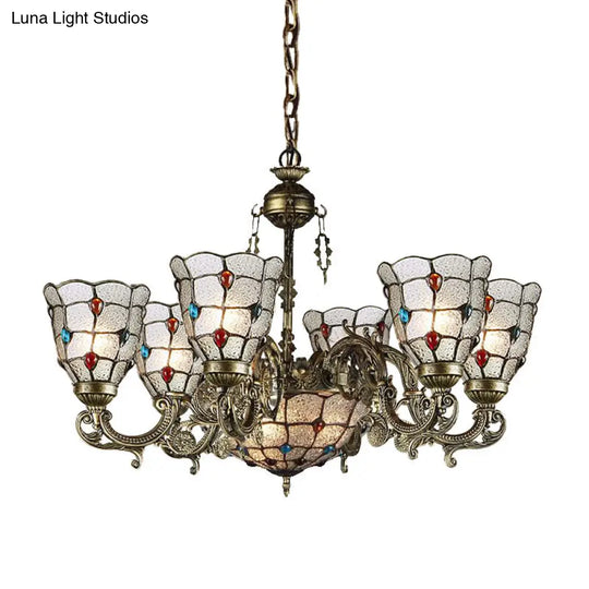 Frosted Glass Arm Pendant Chandelier - Tiffany Style 9/12 Lights Bronze Hanging Lamp For Living Room