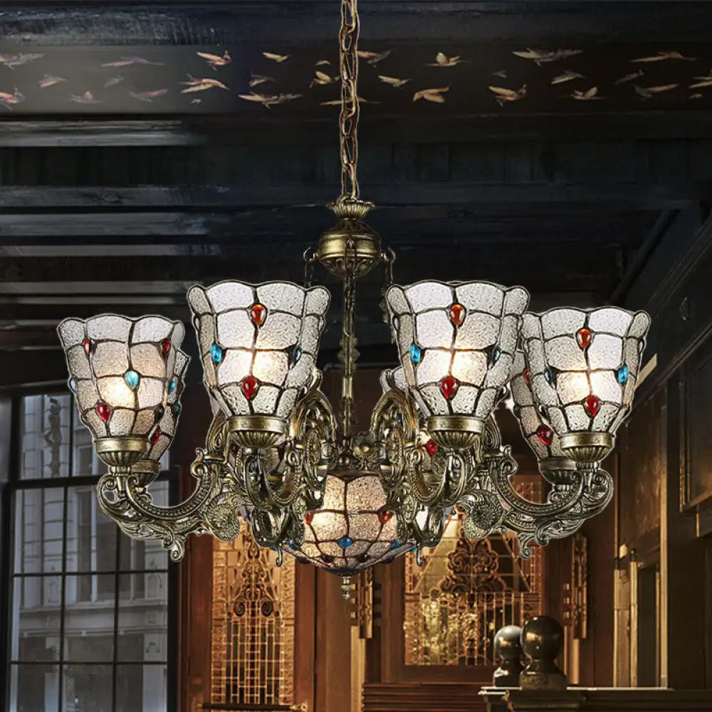 Tiffany Style Arm Chandelier With Frosted Glass Shades - 9/12 Lights Bronze Pendant Lamp For Living