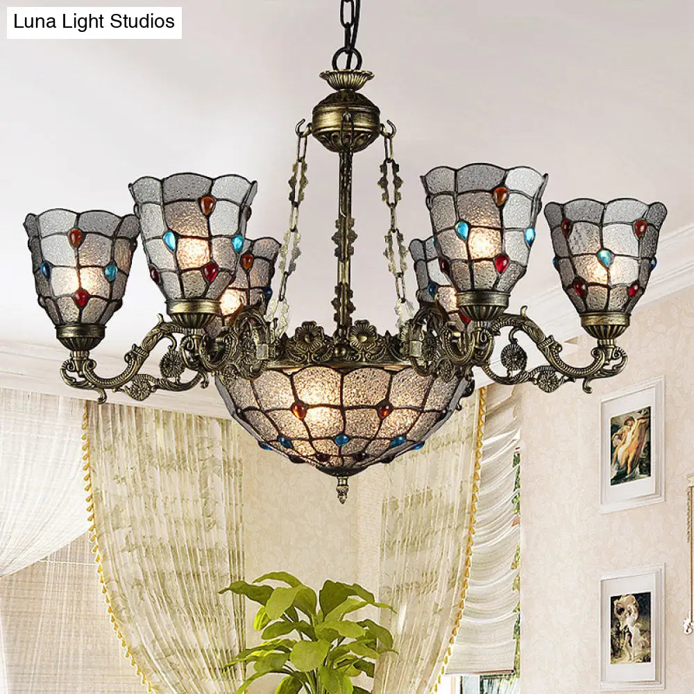 Tiffany Style Arm Chandelier With Frosted Glass Shades - 9/12 Lights Bronze Pendant Lamp For Living